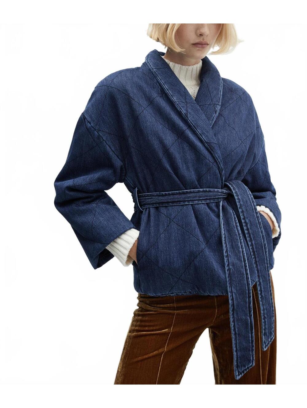 Mango Double-Breasted Denim Jacket Dark Blue Washed Denim NWT XXS